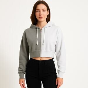 Hollister Women's XS Crop Zip Hoodie Gray White Two Tone Sweatshirt